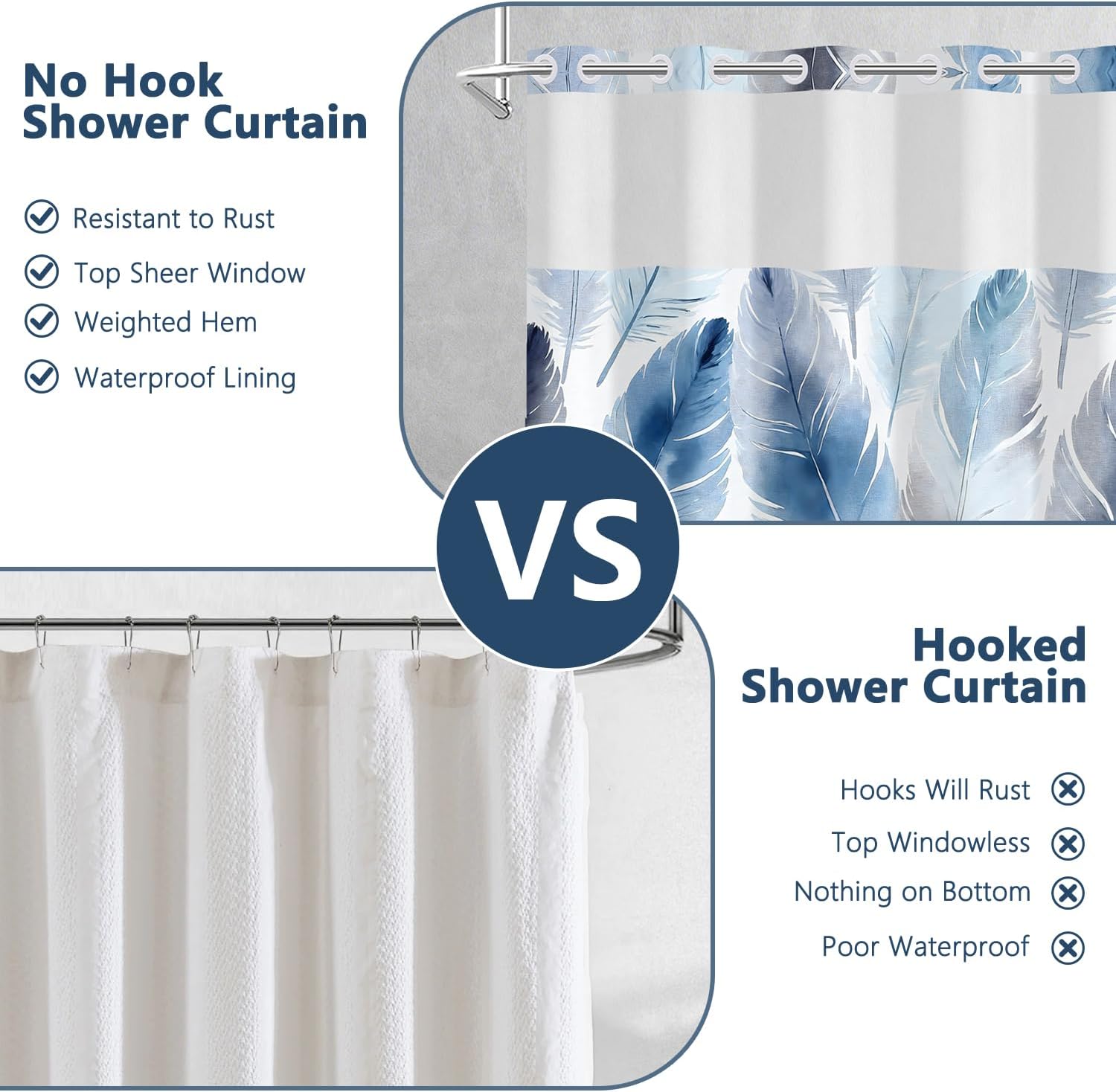 Watercolor Blue Feather Shower Curtain with Snap in Fabric Liner, Waterproof No Hook Shower Curtain with Mesh Top Window, Boho Modern Minimalist Abstract Aesthetic Bathroom Curtains, 71x74 Inch