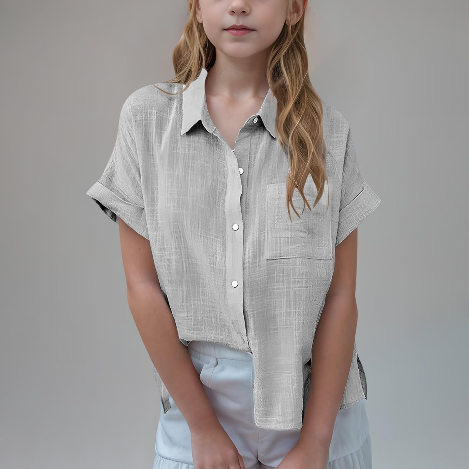 Girls Linen Button Down Shirt,Short Sleeve Pocket Blouse | Summer Beach Casual wear | Lightweight Loose Comfy fit