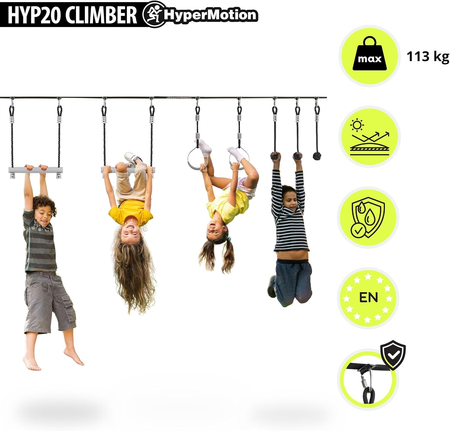 Four children playing on the HyperMotion Ninja Obstacle Course Slackline, with icons indicating max weight capacity of 113 kg, UV resistance, water resistance, and EN safety standards.