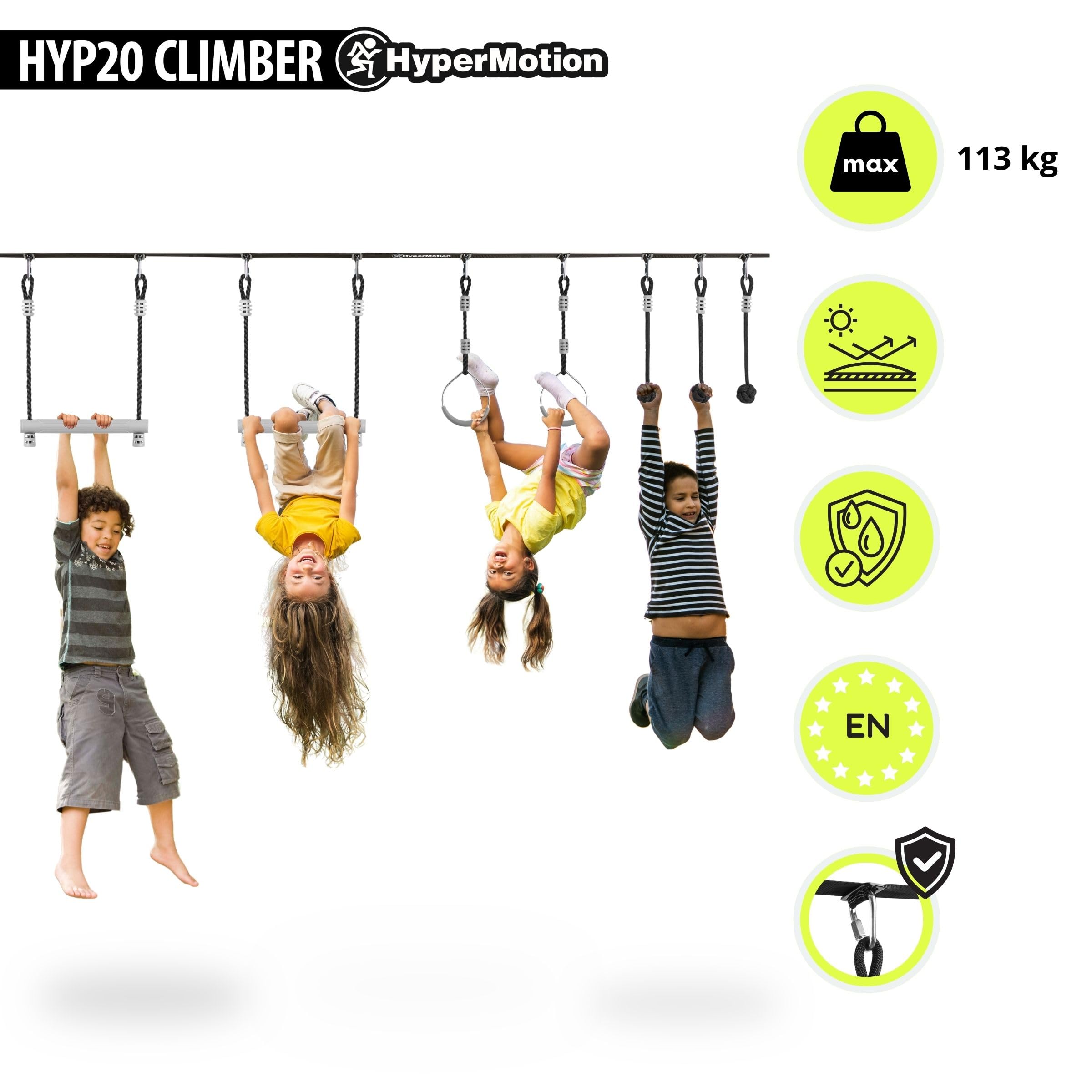 HyperMotion Tor Przeszkód Ninja Dla Dzieci Zestaw Slackline – 7 Przeszkód Z Kółkami Małpimi Pięściami I Drążkami – Udźwig Do 113 kg – Do Ogrodu – Outdoor Zabawa Ruchowa Dla Dzieci I Młodzieży