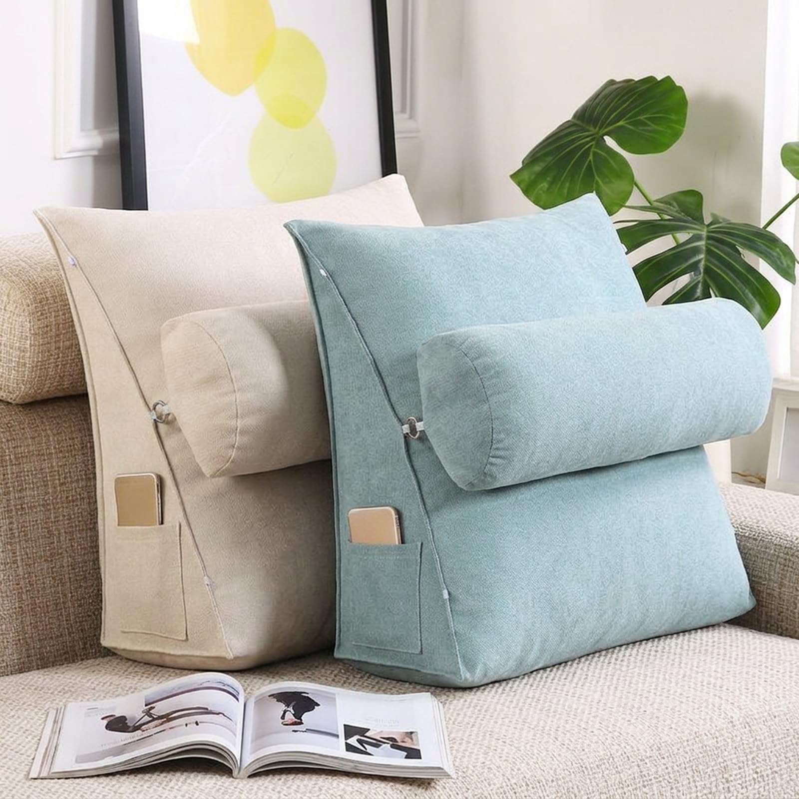 Cuscino da Lettura per Letto E Divano, Schienale Letto Ergonomico in Velluto con Rullo Poggiatesta Regolabile, Cuscino A Cuneo per Leggere A Letto, Supporto Lombare,Dark Red,60X50X20CM