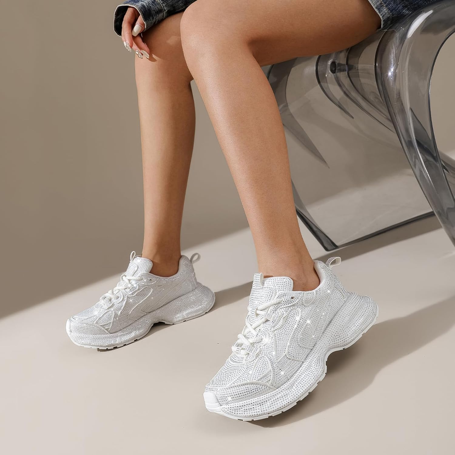 Women Glitter Shoes Rhinestone Lace Up Sparkly Walking Sneakers for Women Shiny Fashion Bling Dressy Sneakers Disco Wedding Shoes - Image 5