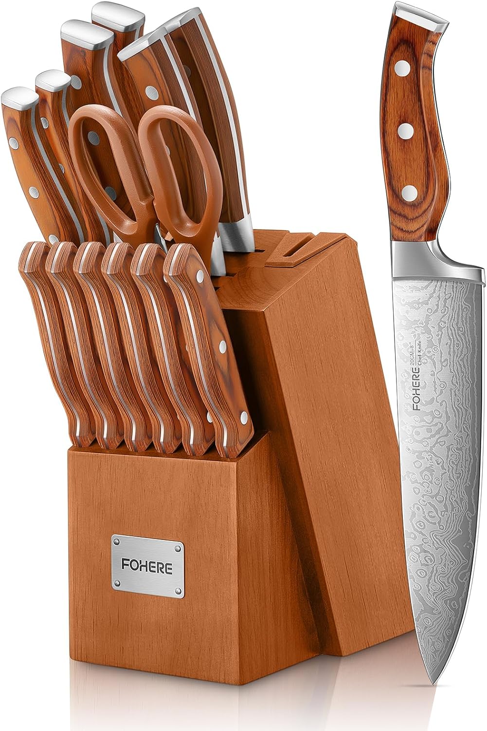 Knife Set FOHERE 14 Pieces Kitchen Knife Set with Wooden Block High Carbon Stainless Steel Self-Sharpening Knife Block Set with Built-in Sharpener and Block, Brown