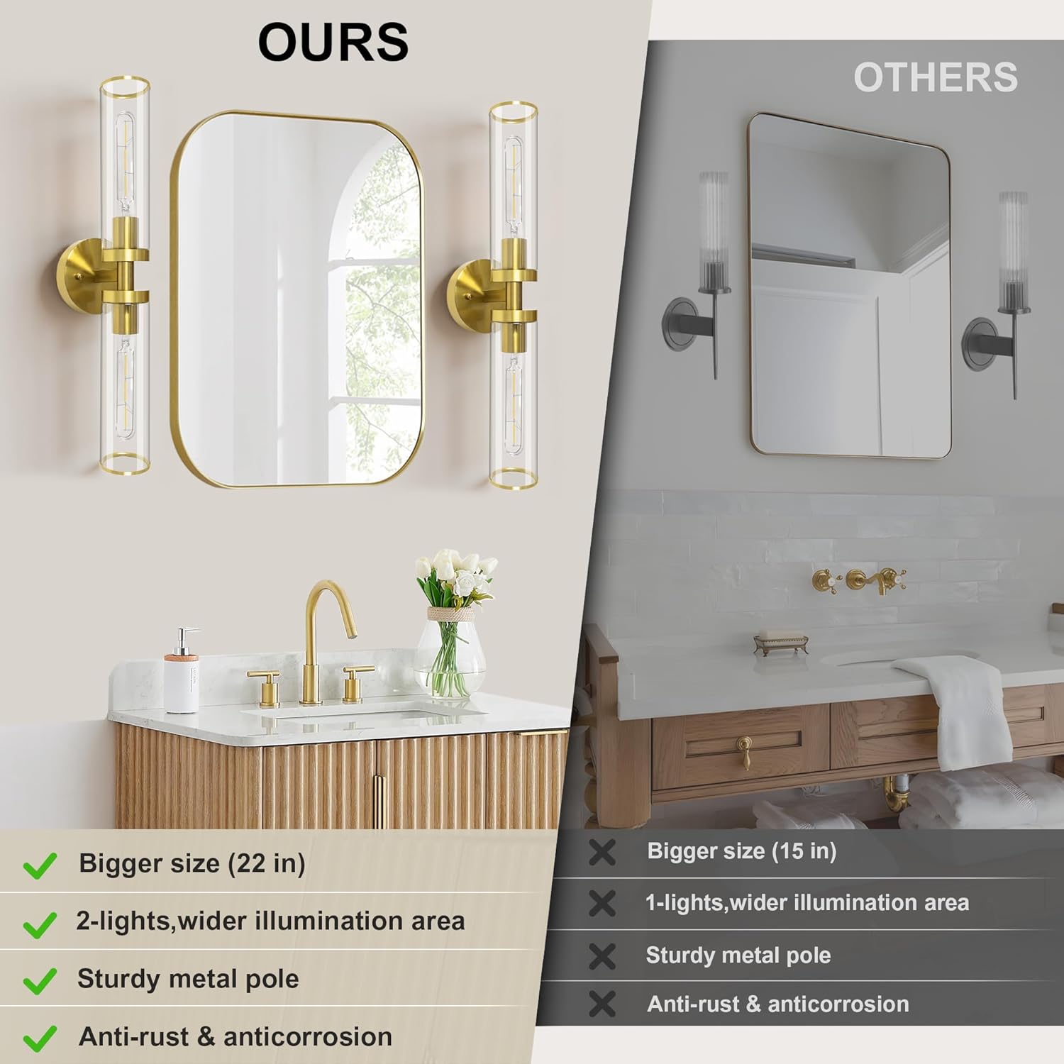 Gold Wall Sconces, Bathroom Sconces Vanity Light Fixtures with Clear Glass, Set of 2, Brushed Gold Sconces Wall Decor, for Living Room/Bathroom Corridor Mirror/Bedroom Hallway Stairwell