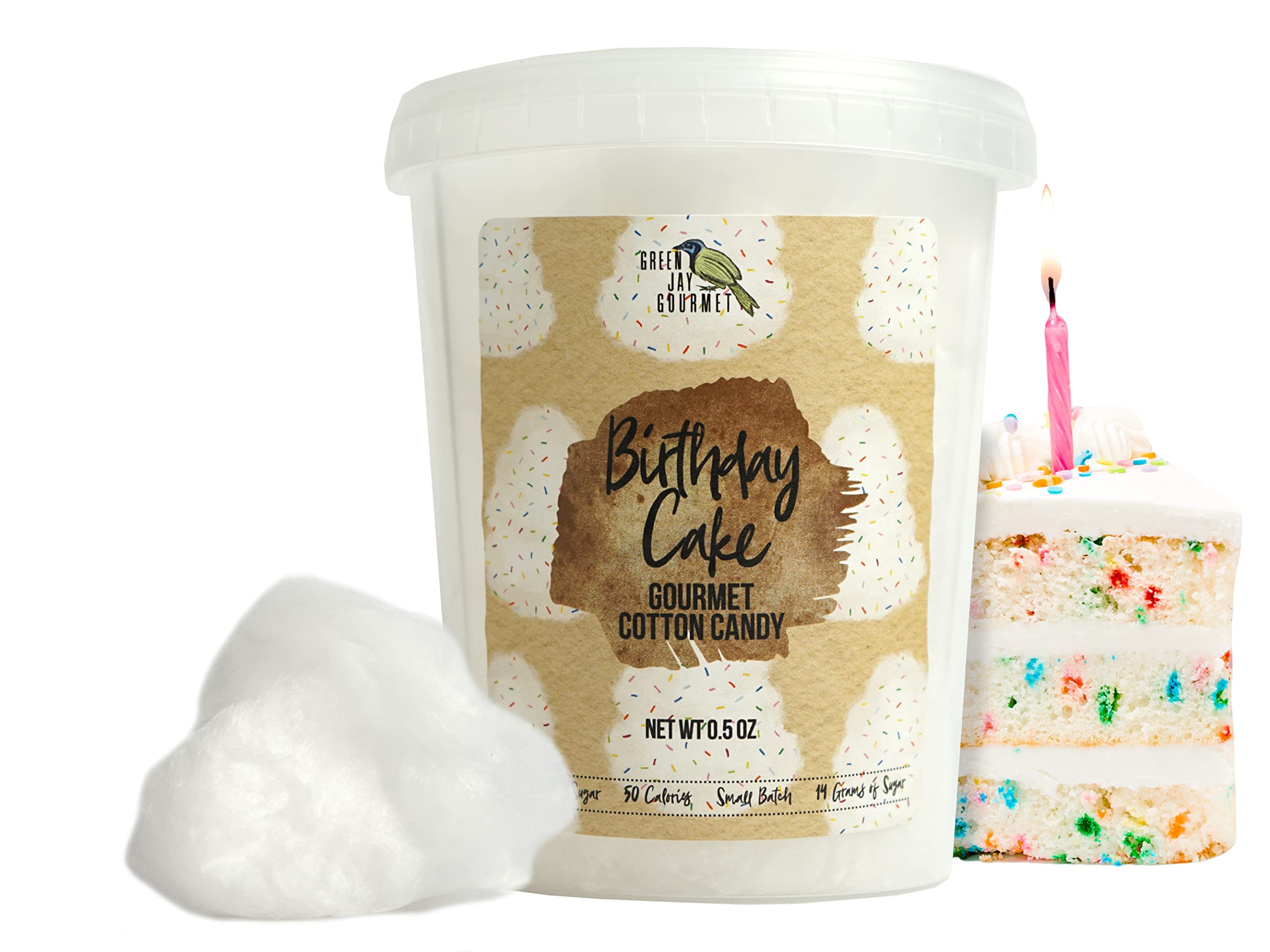 Green Jay Gourmet Cotton Candy | Birthday Cake Flavor with Organic Cane Sugar | Ideal for Party Favors and Candy Gifts | All Natural Ingredients | Fat Free Low Calorie Treat | Made in USA | 1 Tub
