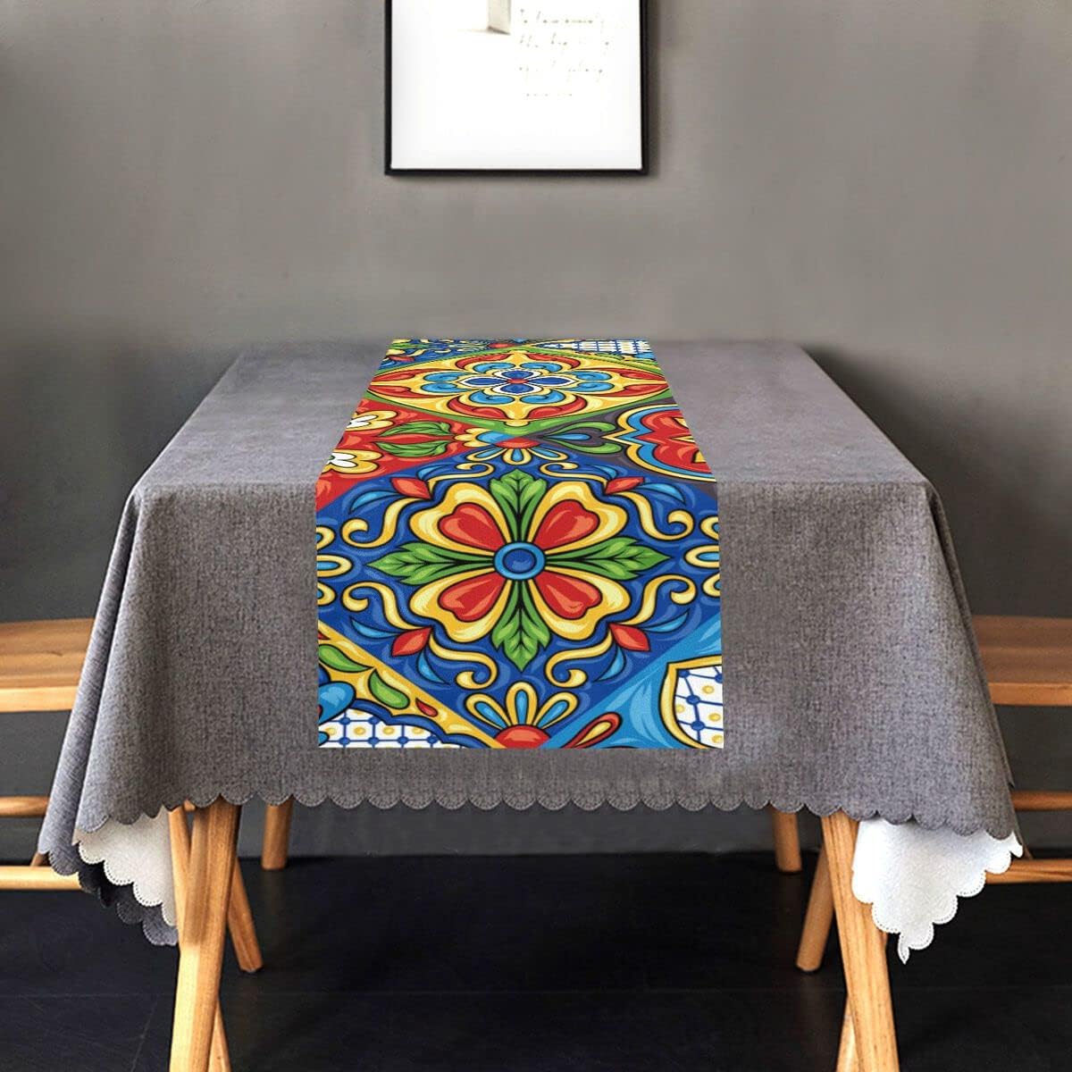 Mexican Table Runner Talavera Double Sided Print Table Runners for Catering Events, Dinner Parties, Wedding, Spring Holiday, Indoor and Outdoor Parties 14 x 108 in