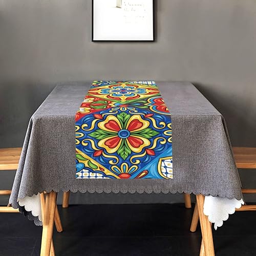 Camino de mesa mexicano Talavera con estampado de doble cara para eventos de catering, cenas, bodas, vacaciones de primavera, fiestas en interiores