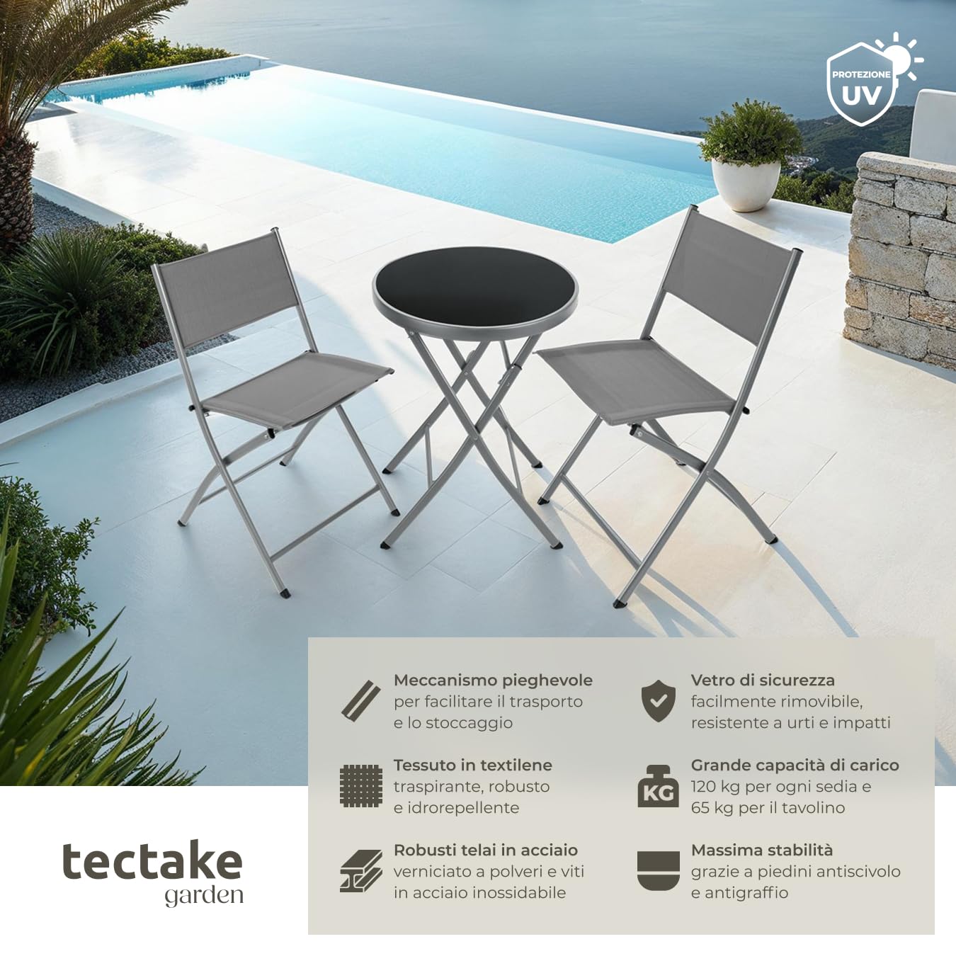 Set da Balcone Düsseldorf Tavolino Salotto con Piano in Vetro e 2 Sedie Mobili da Giardino con Telaio in Acciaio Richiudibile Trasportabile Design Moderno Grigio