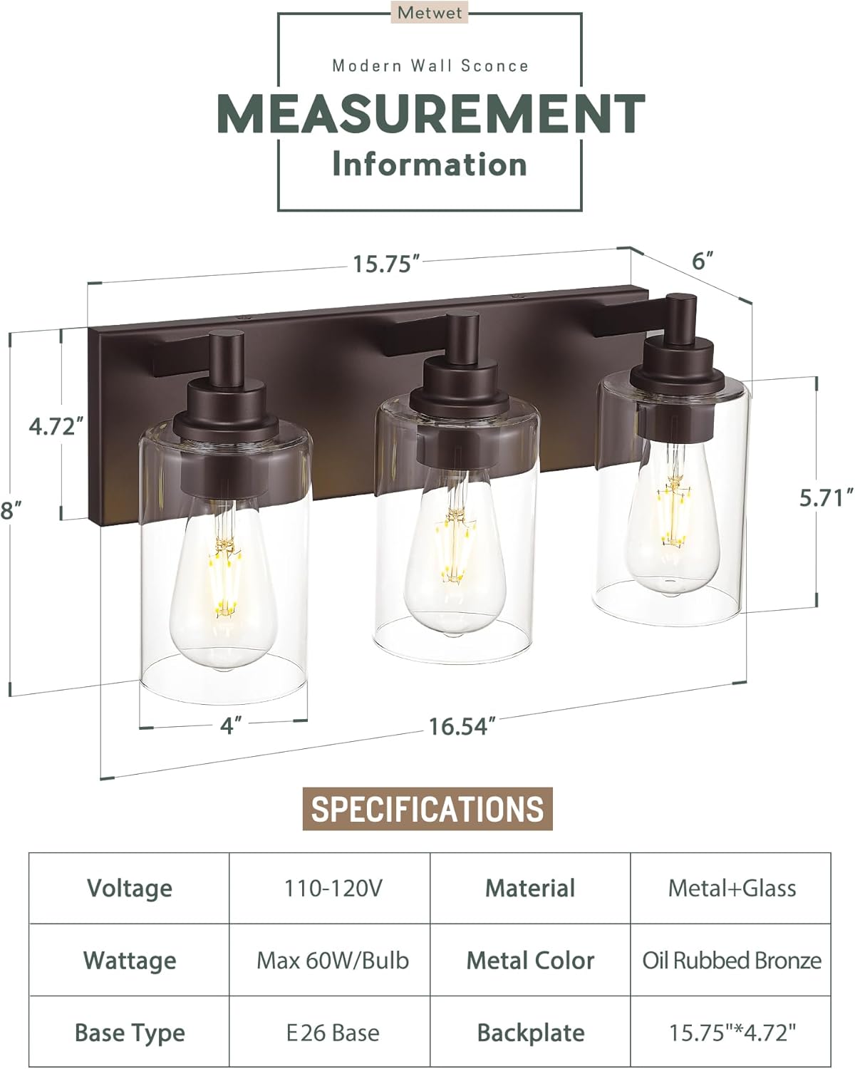 3-Light Bathroom Light Fixtures, Modern Vanity Light with Cylinder Clear Glass Shade, Vanity Lighting Fixtures Over Mirror, Oil Rubbed Bronze, VL143-ORB-3