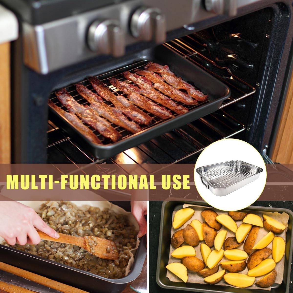 Stainless Steel Roasting Pan with Rack Rectangular Baking Pan BBQ Bakeware Quarter Sheet with Handles for Turkey Chicken Meat & Vegetables (36x26x6CM)