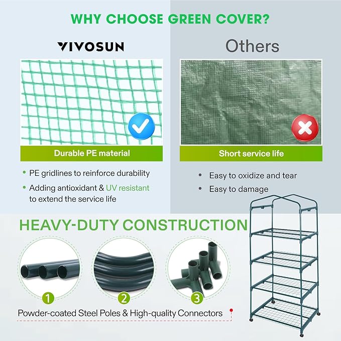 The greenhouse is equipped with a durable green PE cover that helps to create a warm and humid environment for optimal plant growth. The 4-tier design allows for efficient use of space, providing multiple levels of shelving for organizing and displaying plants. Additionally, the greenhouse features wheels for easy mobility, making it simple to move the greenhouse to different locations as needed.