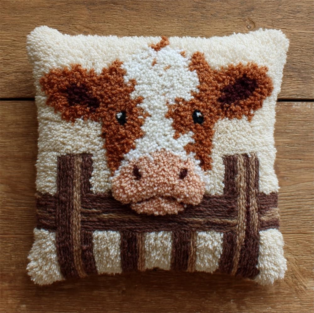 kitphoenix Latch Hook Kits DIY Throw Pillow Cover Cow in A Pen