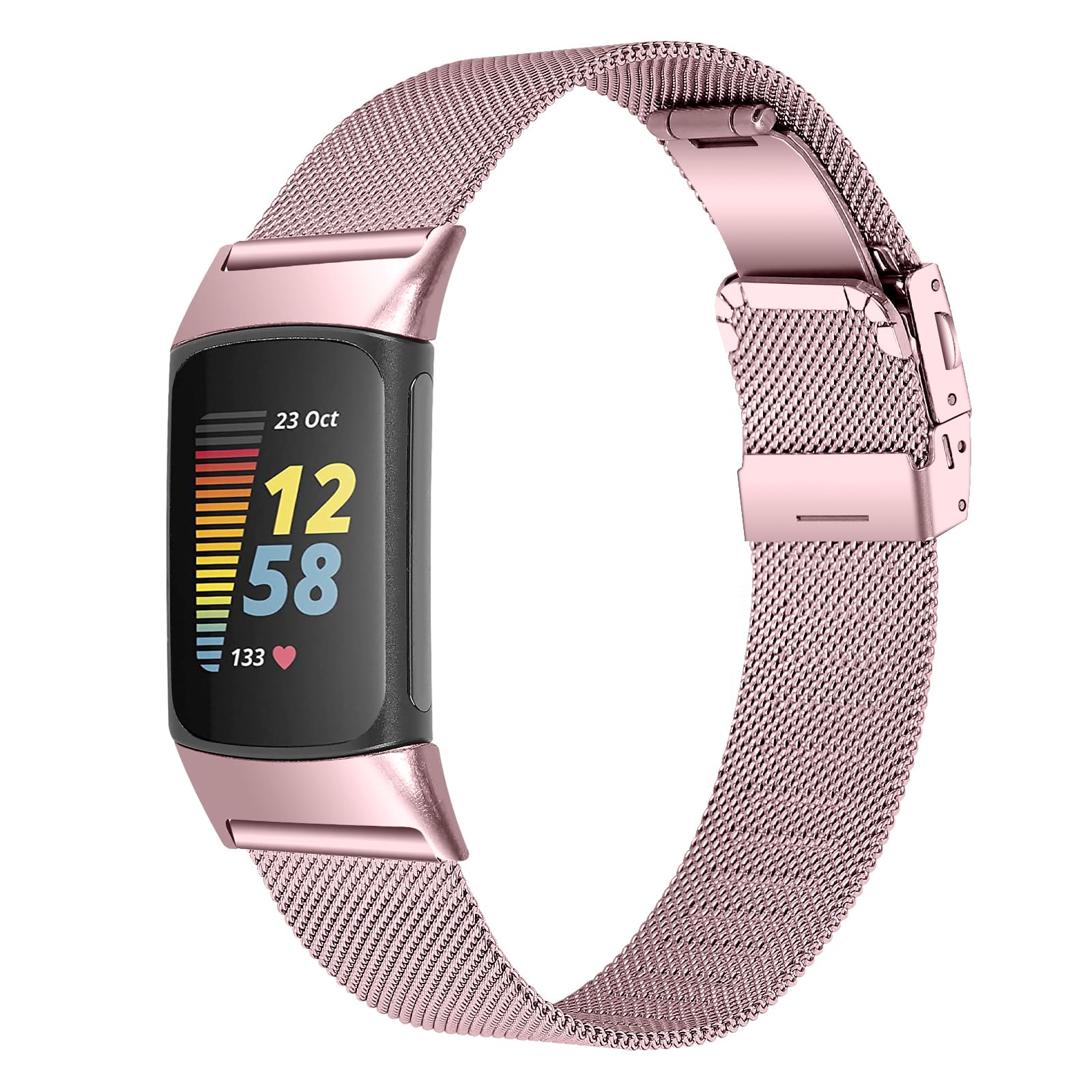 Gimuk Straps Compatible with Fitbit Charge 6/5 for Women Men, Adjustable Metal Mesh Loop Stainless Steel Replacement Watch Band Wristband (Pink)