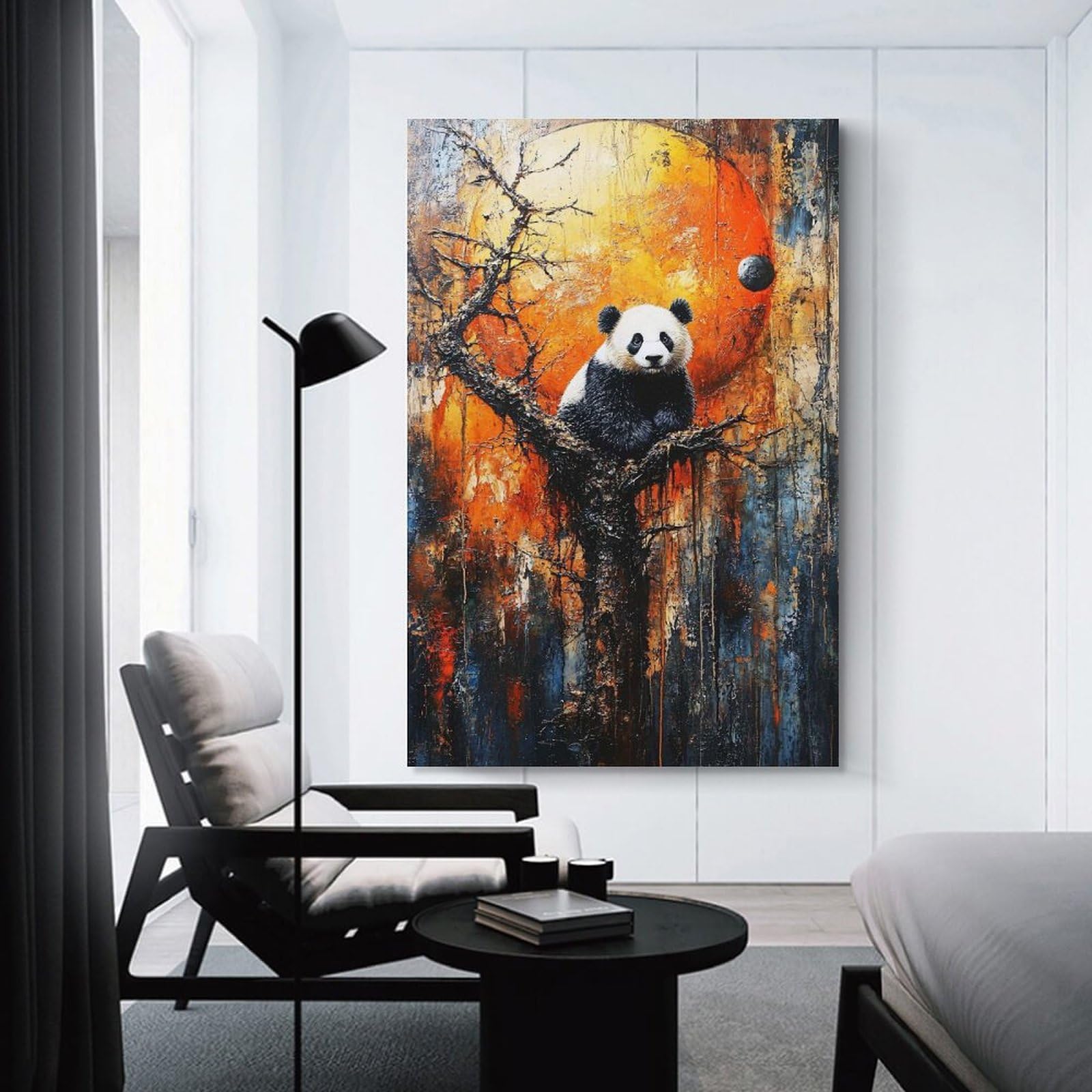Junmoney Wall Art Print Panda in Tree with Orange Sun, 12x18inch(30x45cm), for Home Lounge, Bedroom Or Reading Nook, Modern Wall Decor for Cosy Interiors
