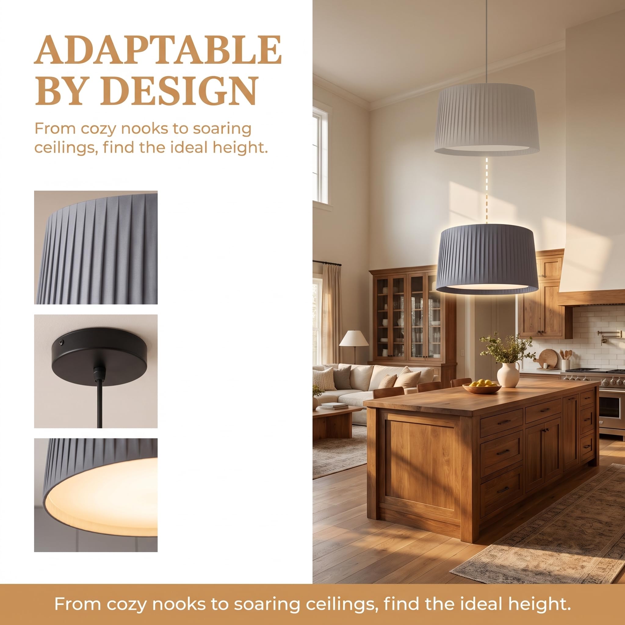 BARCELONA LED Pendelleuchte PLIÉ E27 Stoffschirm Grau | Plissierter Stoffschirm, Ø70cm, Höhenverstellbares Kabel, Max.40W, IP20, Innenbereich, Wohn- & Esszimmer