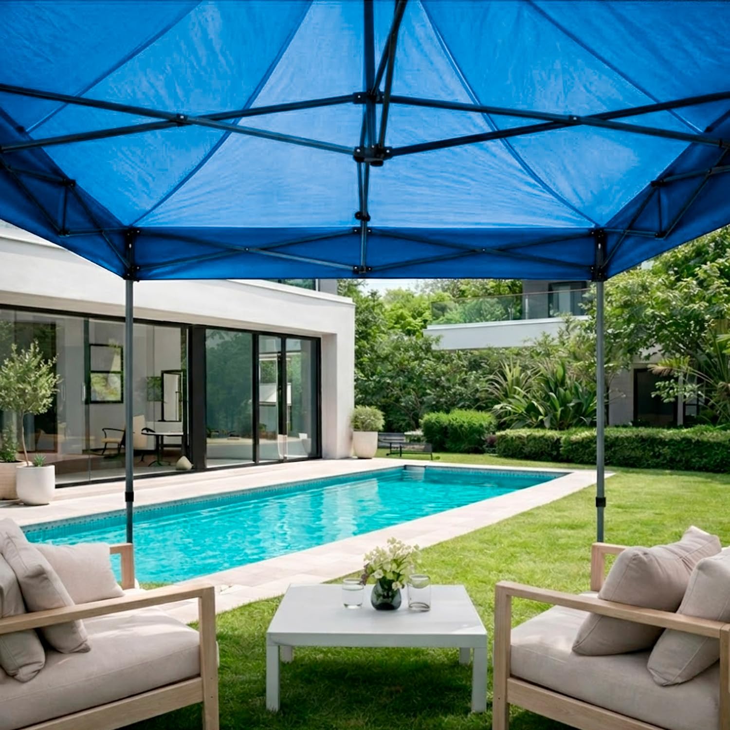 Gazebo Professionale 3x3 M Richiudibile Automatico In Acciaio Con Telo Oxford 1200D PVC Impermeabile e Anti UV Struttura a Fisarmonica con Sacche Zavorra e Borsa Trasporto Sagre Feste Eventi (Blu)
