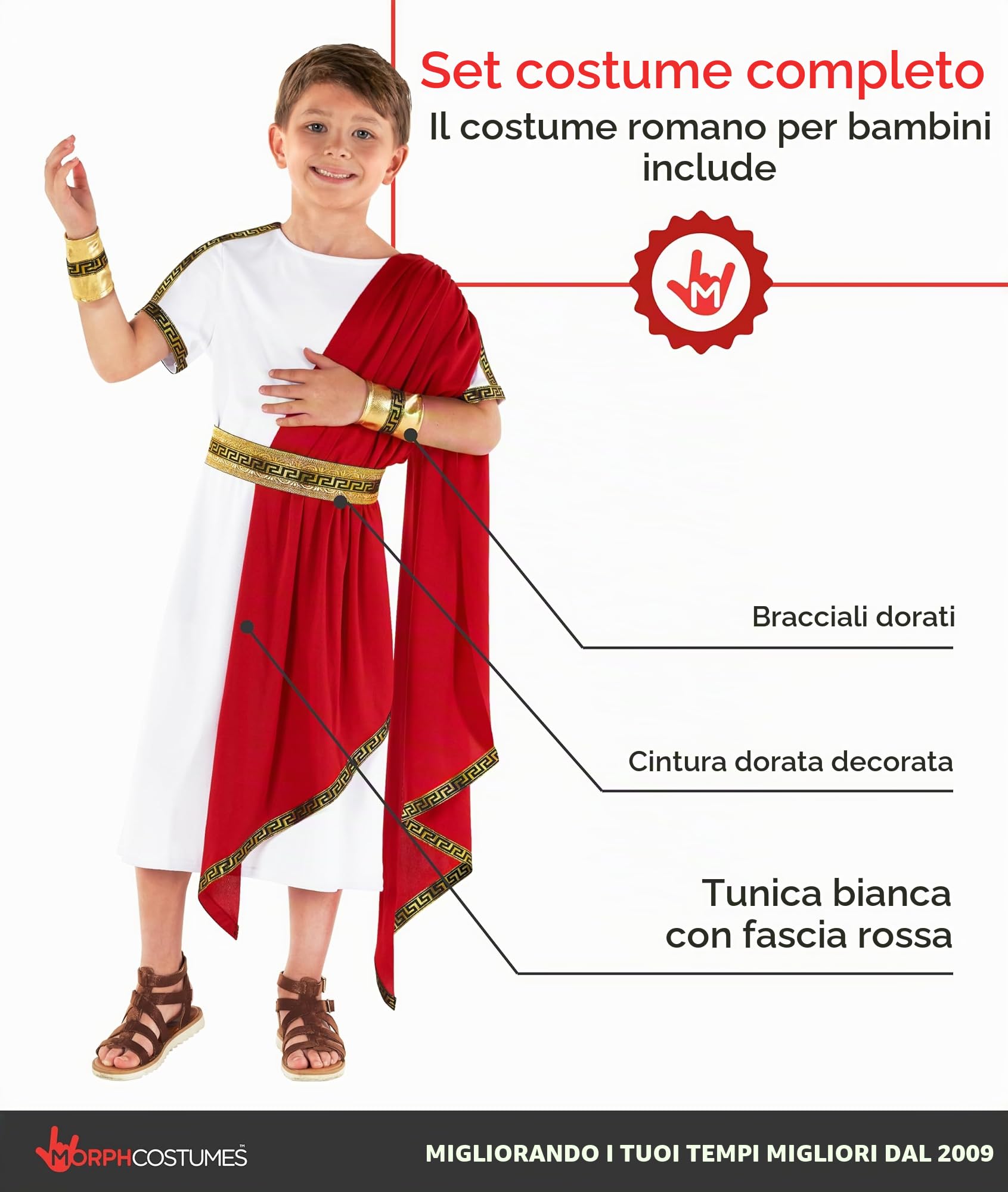 Morph Costume Imperatore Romano Bambino, Costume Halloween Bambino | Tunica Bianca, Cintura Dorata & Polsini, Stile Antica Roma, Perfetto per Halloween, Ideale per il Gioco di Ruolo