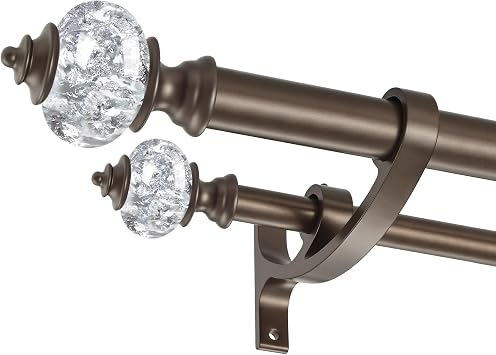 Double Curtain Rods for Windows 72 to 144 Inches, 1 Inch Front and 5/8 Inch Back Decorative Heavy Duty Double Curtain Rod with Stacking Tower Translucent Finials and Aluminum Bracket, Dark Bronze