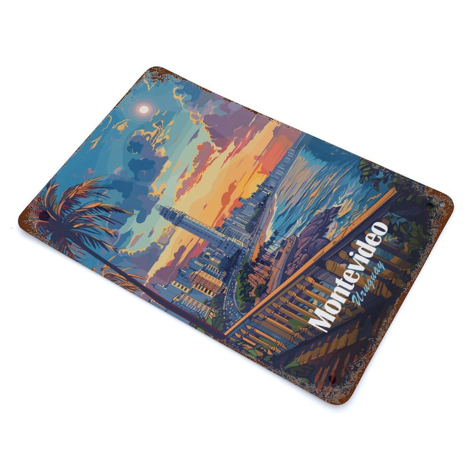 Aged Metal Wall Plaque with Montevideo Uruguay Cityscape at Sunset Design 11.8"x7.9", for Basement, Hobby Room And Garage Decor, Classic Wall Plaque