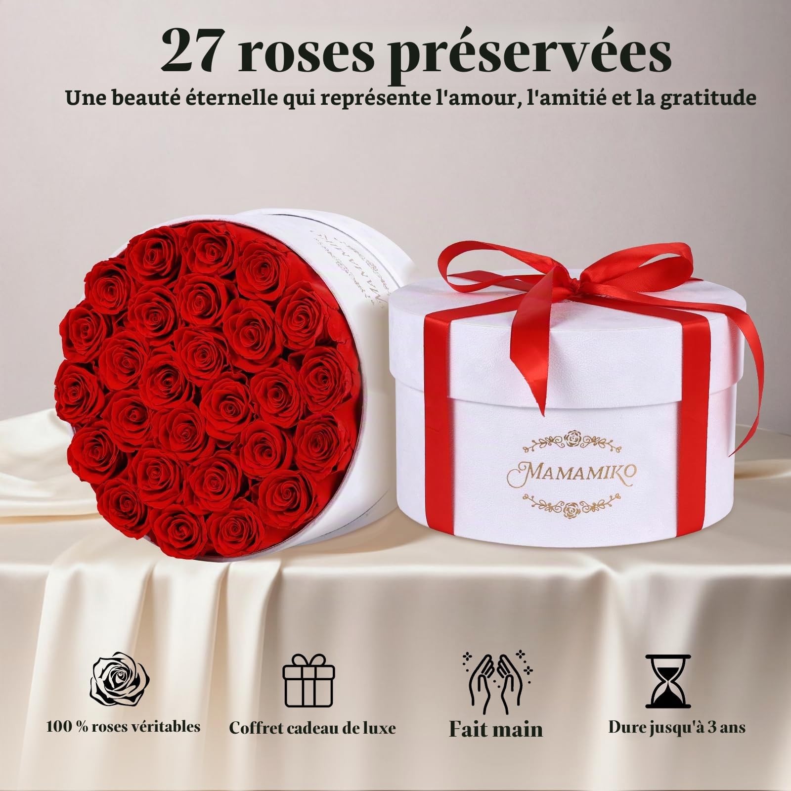 27 Roses Éternelles Rouges en Boîte, Fleur Éternelle, Cadeau Femme