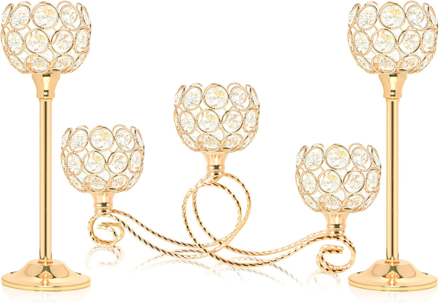 Gold 5 Arm Metal Crystal Tea Light Candle Holder, Elegant Wedding Table Centerpiece, Christmas Wishing Bowl Candle Holder