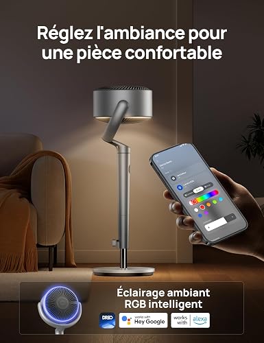 DREO 40 Inch Smart RGB Pedestal Fan, 20dB Silent Standing Fans for Bedroom, 120°+120° Oscillating Cooling Fan, Wi-Fi/Voice Control, DC Motor, 9 Speeds, 6 Modes, 12H Timer, 90 ft Circulator, Silver - 3