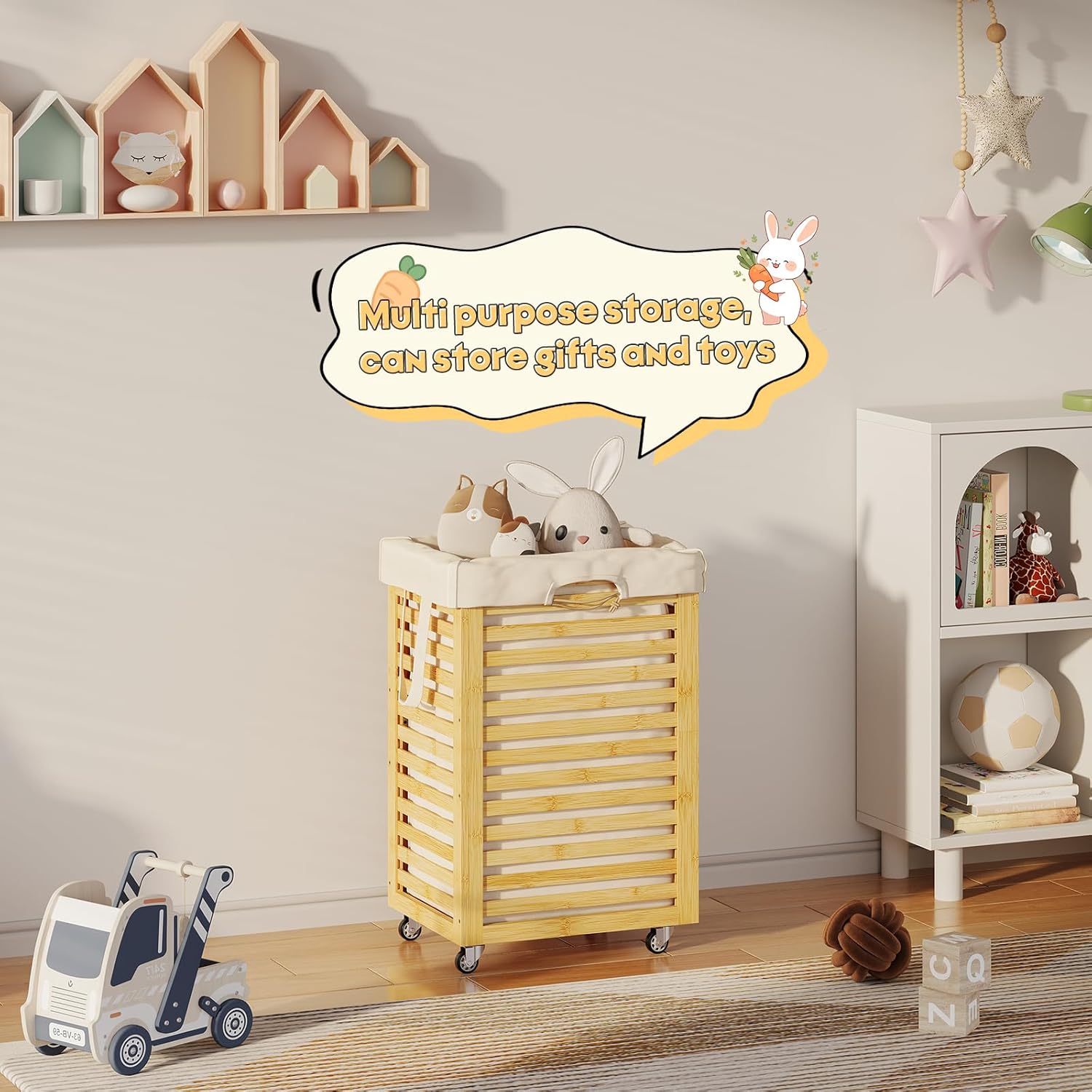 Laundry Hamper with Wheels,Rolling Laundry Basket with Removable Bag,Bamboo Clothes Hampers with Handles for Clothing, Bathroom, Bedroom, Laundry Room (Natural)