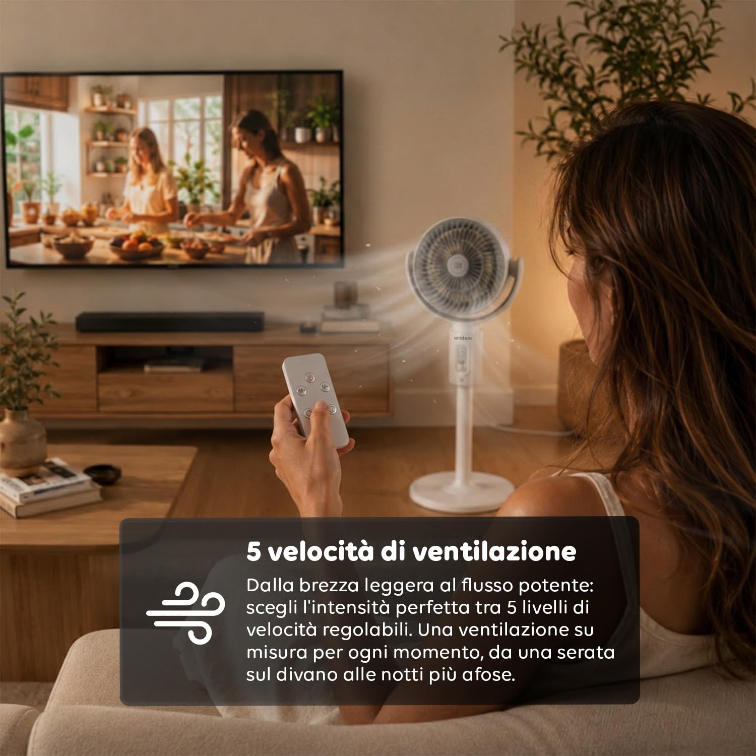 Wintem SNAG Ventilatore a Piantana Ricaricabile e Telescopico – 3 Altezze (32 a 82cm) con Telecomando – 5 Velocità, Oscillazione 3D 90°/180° e Aromaterapia – Batteria Autonomia 5-8h – Pale ø18,3cm