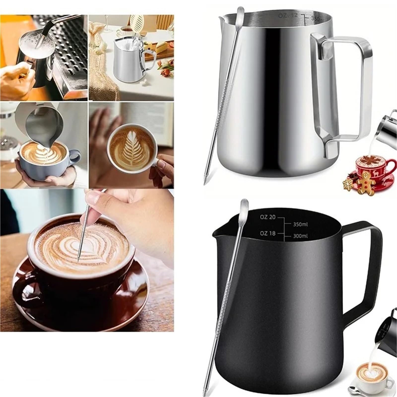 Jarra de espuma de leche de acero inoxidable, 2 uds., con marca de medición y bolígrafo de Arte Latte, fabricación de Arte Latte manual Para café(Silver-600ML-set)