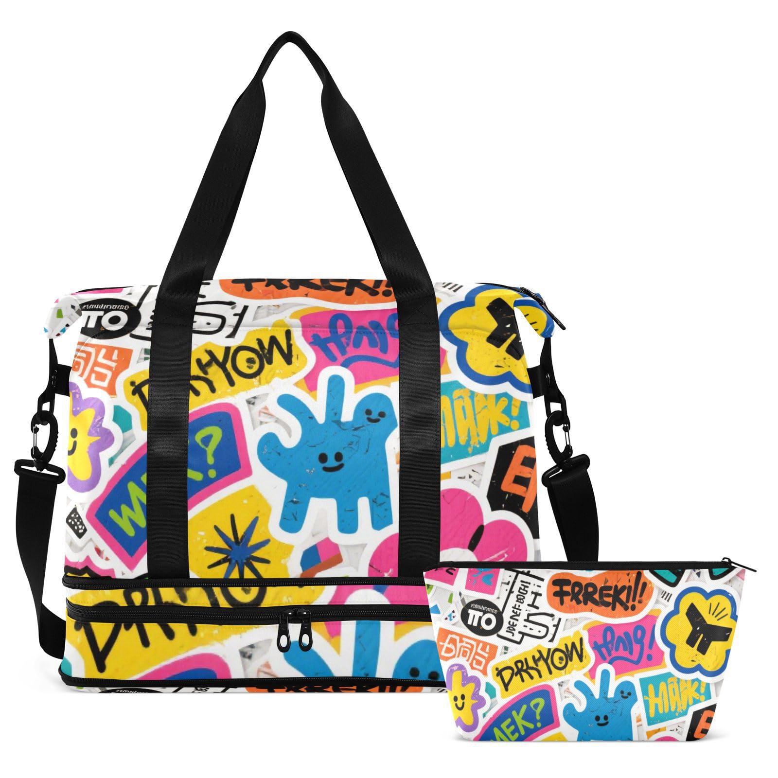 Bolsa de viaje de gran tamaño de graffiti de dibujos animados con bolsillo húmedo, correa ajustable, bolsa de entrenamiento deportivo para yoga, multifuncional para hombres y mujeres
