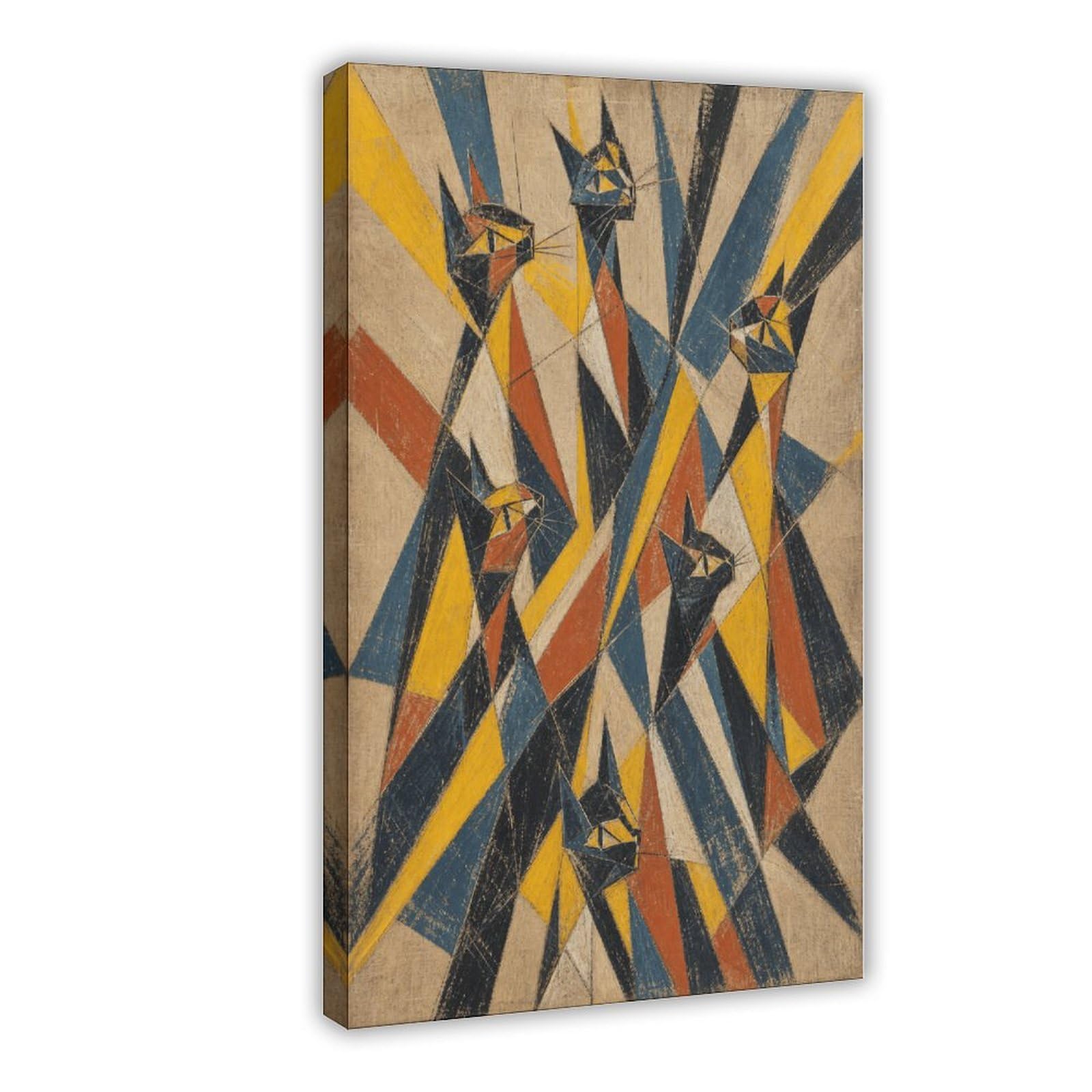 H3b8u2y5 Frame-Style-16 Geometric Cat Group Canvas Wall Art, Cubist Gallery Wall
