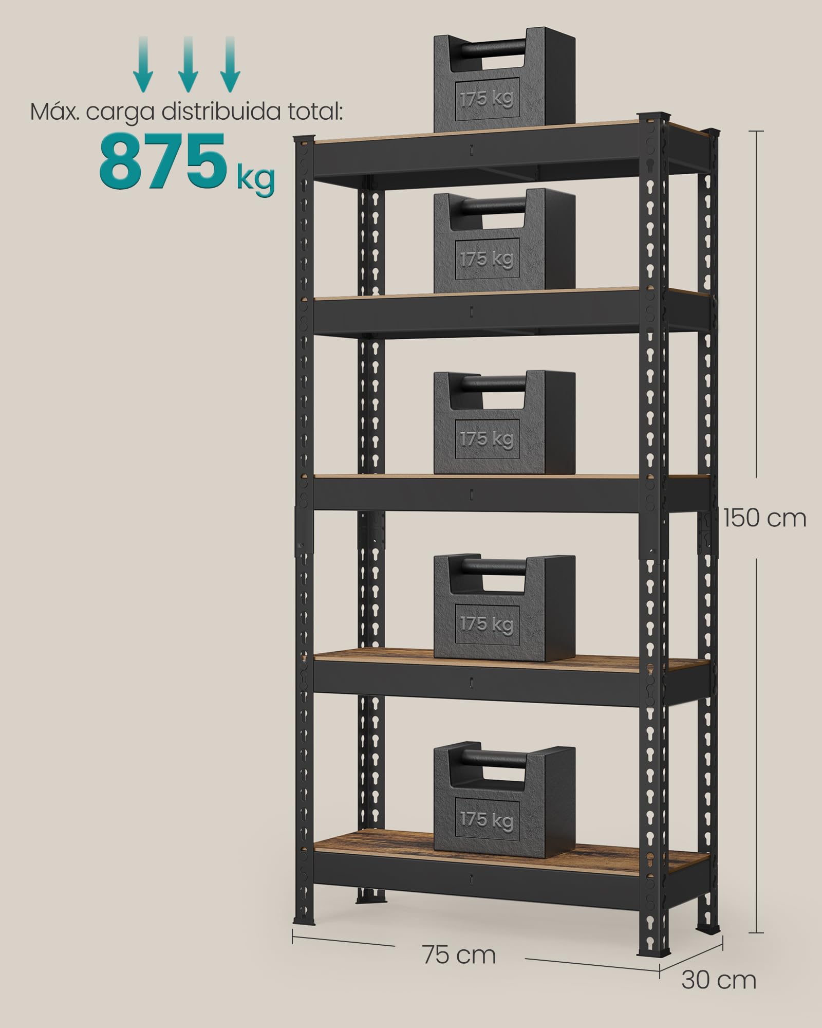 SONGMICS Estantería de 5 Niveles, estantes de Almacenamiento, para Estudio, Montaje sin Tornillos, estantes Ajustables, 30 x 75 x 150 cm, Carga de 875 kg, para cobertizo, almacén, sótano, Cocina