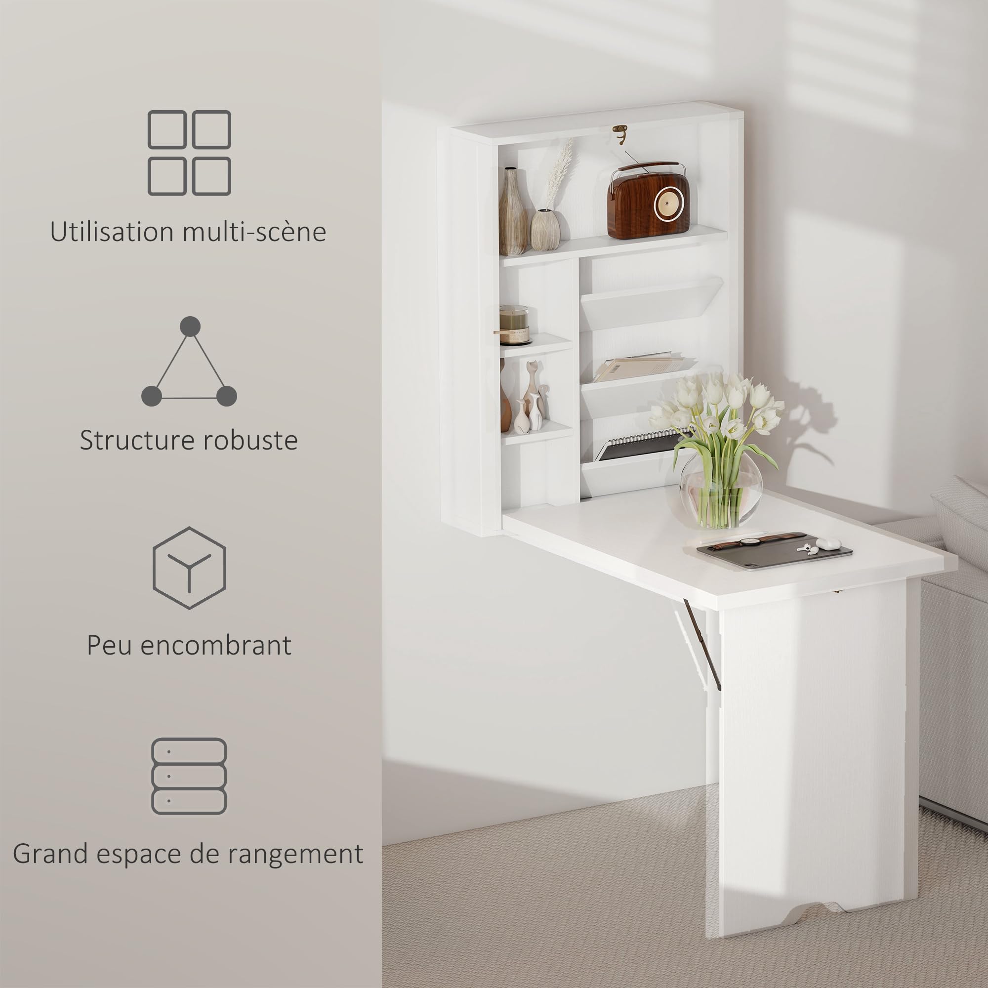HOMCOM Bureau Pliable Mural avec étagères de Rangement, Bureau Rabattable, Table Murale Pliante, Gain de Place idéal pour Salon, Salle à Manger, Petit Espace, Blanc