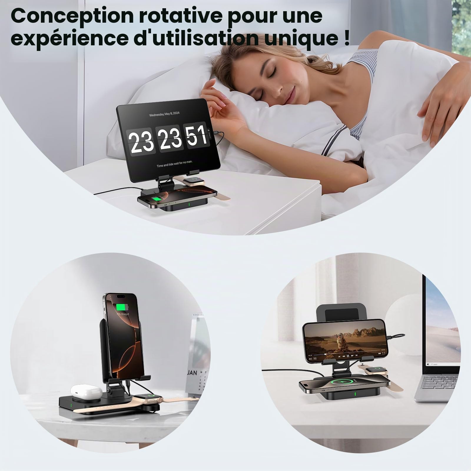 Chargeur sans Fil pour Apple, Station de Recharge sans Fil pour iPhone 16/15/14/13/12/11, Chargeur pour Apple Watch 10/9/8/7/6/SE/5/4/3, Chargeur pour Air Pods 4, Support pour iPad Pro/Mini/Air