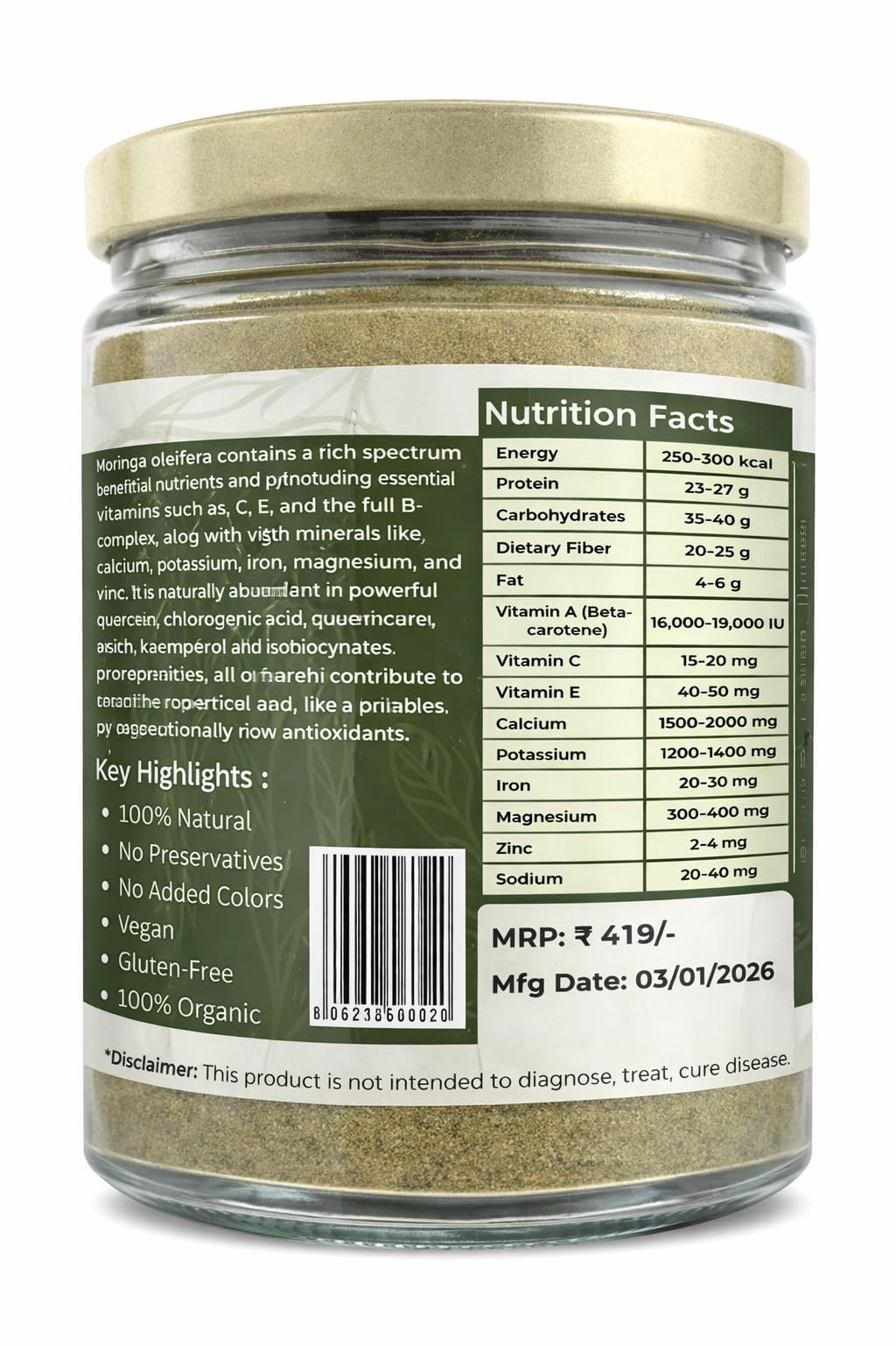 Moringa Leaf Powder | Pure Natural Moringa Powder | Herbal Superfood | No Preservatives, 90 g, Doctor Veda Care — Amazon image 4