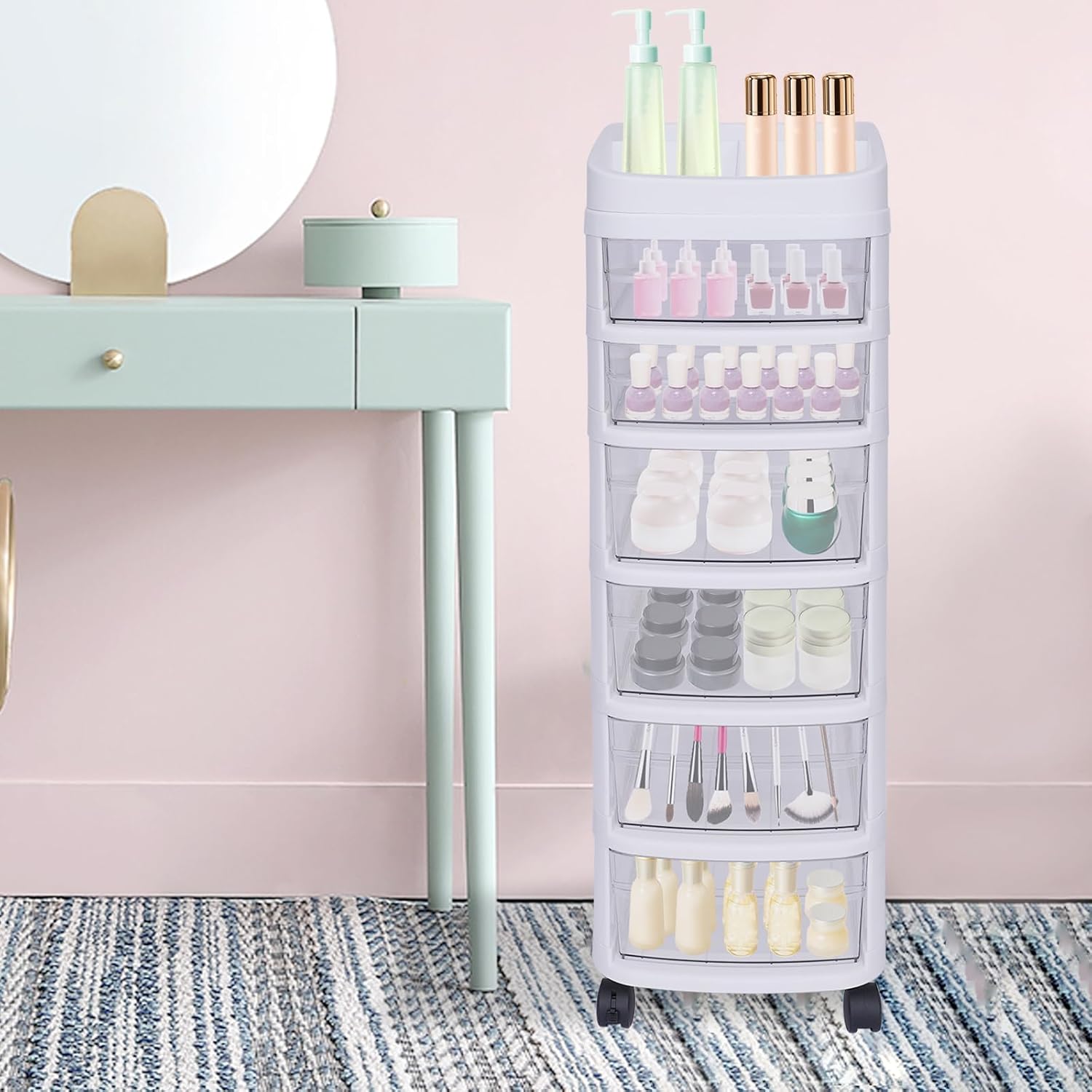 6 Drawers Rolling Storage Cart,Craft Storage Containers Bins with 4 universal wheels,Drawer Cart Storage,Tower,design multifunctional storage vehicle for home office,for kitchens, bedrooms - Image 6