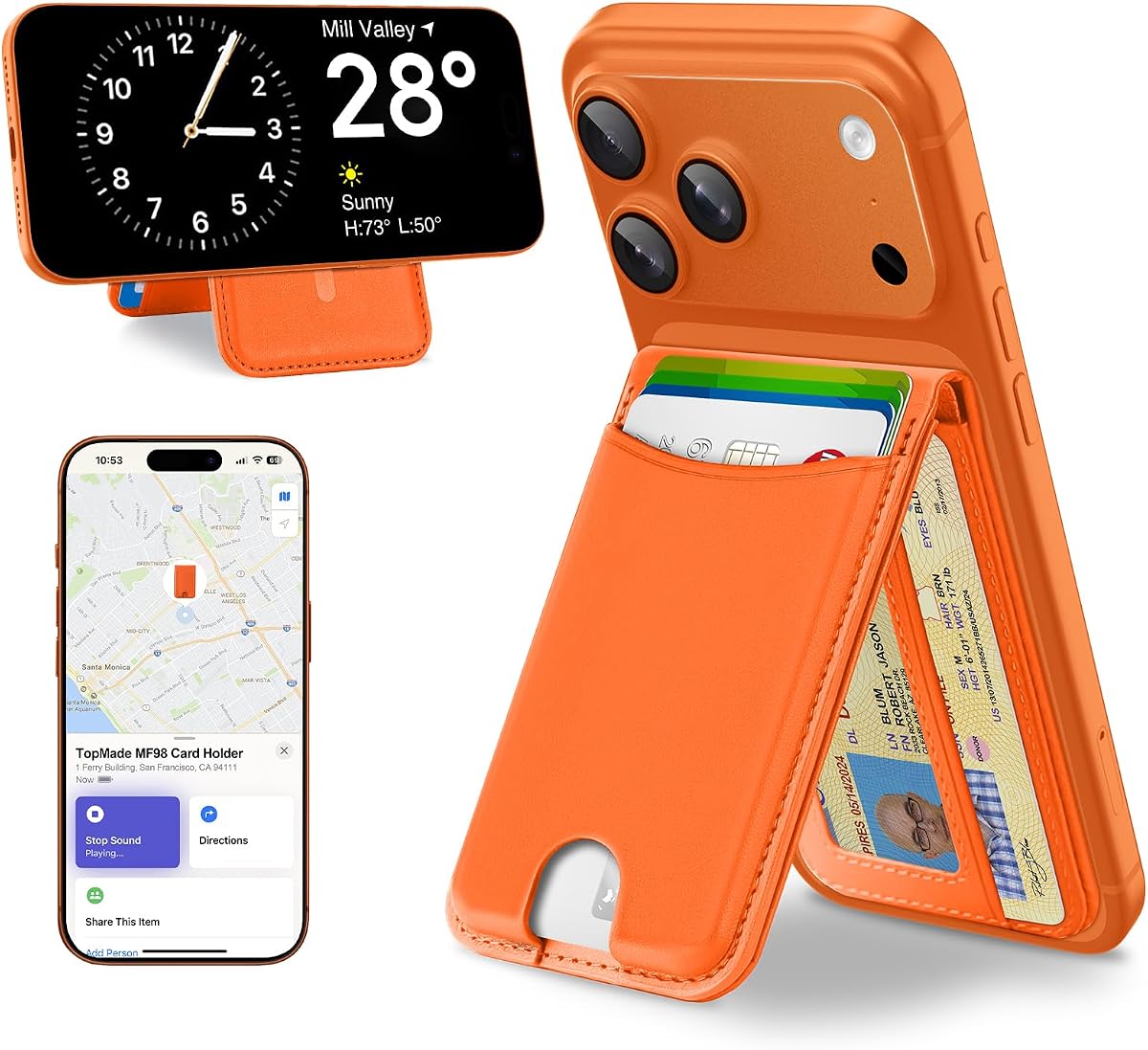 for MagSafe Wallet Works with Find My, Strongest Magnetic Wallet | 6 Cards Holder, Adjustable Stand, RFID Blocking, ID Window, Magnetic Card Holder for iPhone 17/16/15/14/13/12 Series, Orange