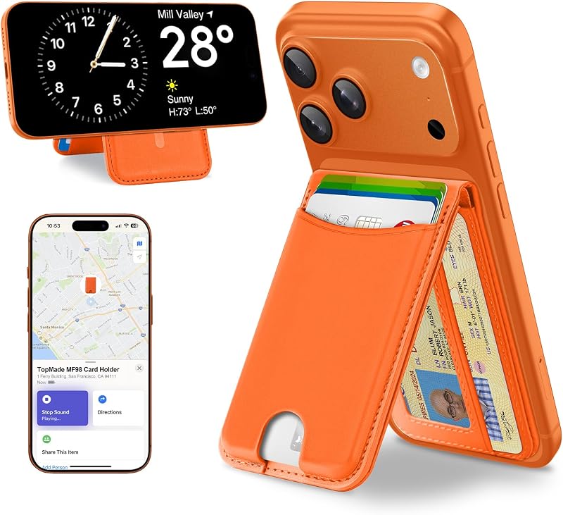 for MagSafe Wallet Works with Find My, Strongest Magnetic Wallet | 6 Cards Holder, Adjustable Stand, RFID Blocking, ID Window, Magnetic Card Holder for iPhone 17/16/15/14/13/12 Series, Orange