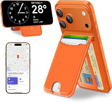 TopMade for MagSafe Wallet, Works with Apple Find My, Strongest Magnetic Wallet with Stand, 6 Card Holder, RFID Blocking, Magnetic Card Holder for iPhone 17/16/15/14/13/12 Series, Rechargeable,Orange