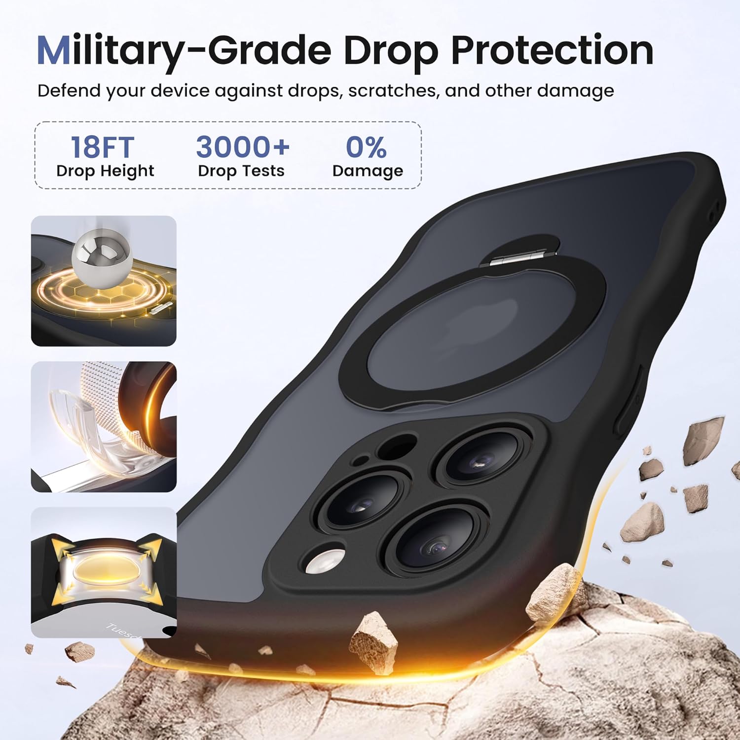 CAPRARO for iPhone 15 Pro Max Case with 360° Spin Magnetic Stand for Women, [Compatible with MagSafe] [Full Camera Protection] Cute Wave Translucent Matte Case for iPhone 15 Pro Max, Black - Image 6