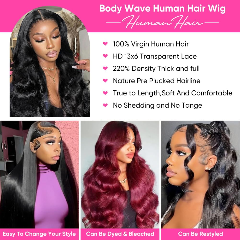 13x6 Lace Front Wigs Human Hair 220 Density Body Wave Wig Human Hair 10A HD Lace Front Wigs Pre Plucked Glueless Wig for Women Natural Black Color 24 Inch