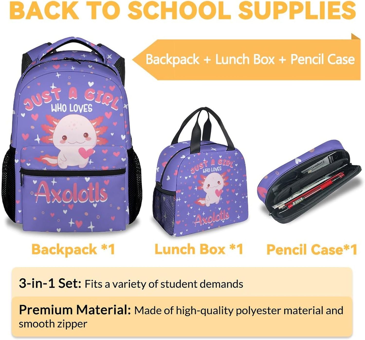Girls Backpack with Matching Lunch Box - Axolotl Backpacks with Lunch Bag Pencil Case Combo for Kids - Cute Purple Bookbag and Pencil Case Bundle - Cartoon School Supplies - Image 3