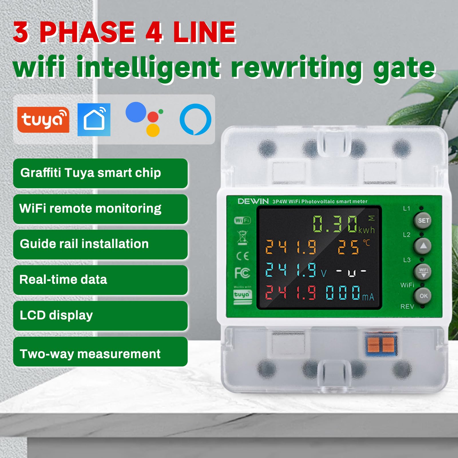 DEWIN Contatore Energia Elettrica Trifase WiFi, 100A 380VAC Misuratore di Consumo Elettrico WiFi Contatore Elettrico Trifase con Controllo del Tempo/Protezione Sovratensione ECC.