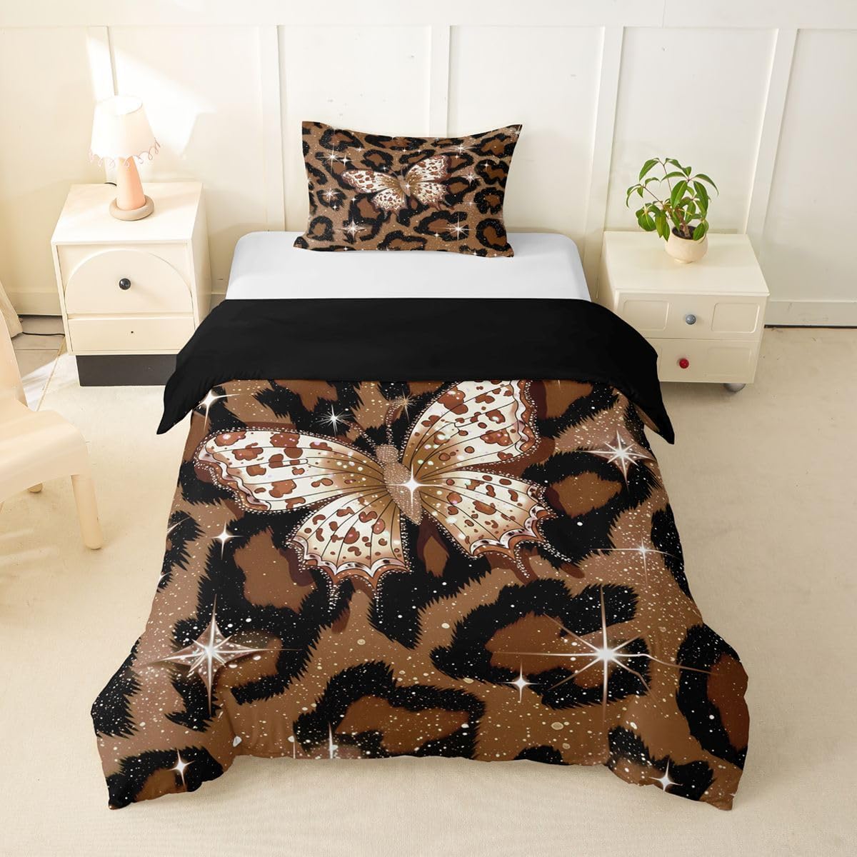 Feelyou Leopard Print Duvet Cover Toddler Size Butterfly Bedding Set for Boys Girls Brown Comforter Cover Bedroom Decor 2Pcs Zipper Closure with 1 Pillowcase (No Comforter)