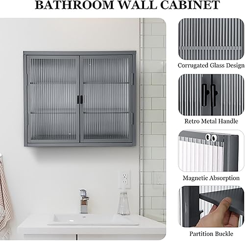 Miniatura 9 de Finca ancha Gabinete con puertas de cristal, gabinete de boticario de baño con 2 puertas y estantes ajustables de 27.6 pulgadas para cocina de pared