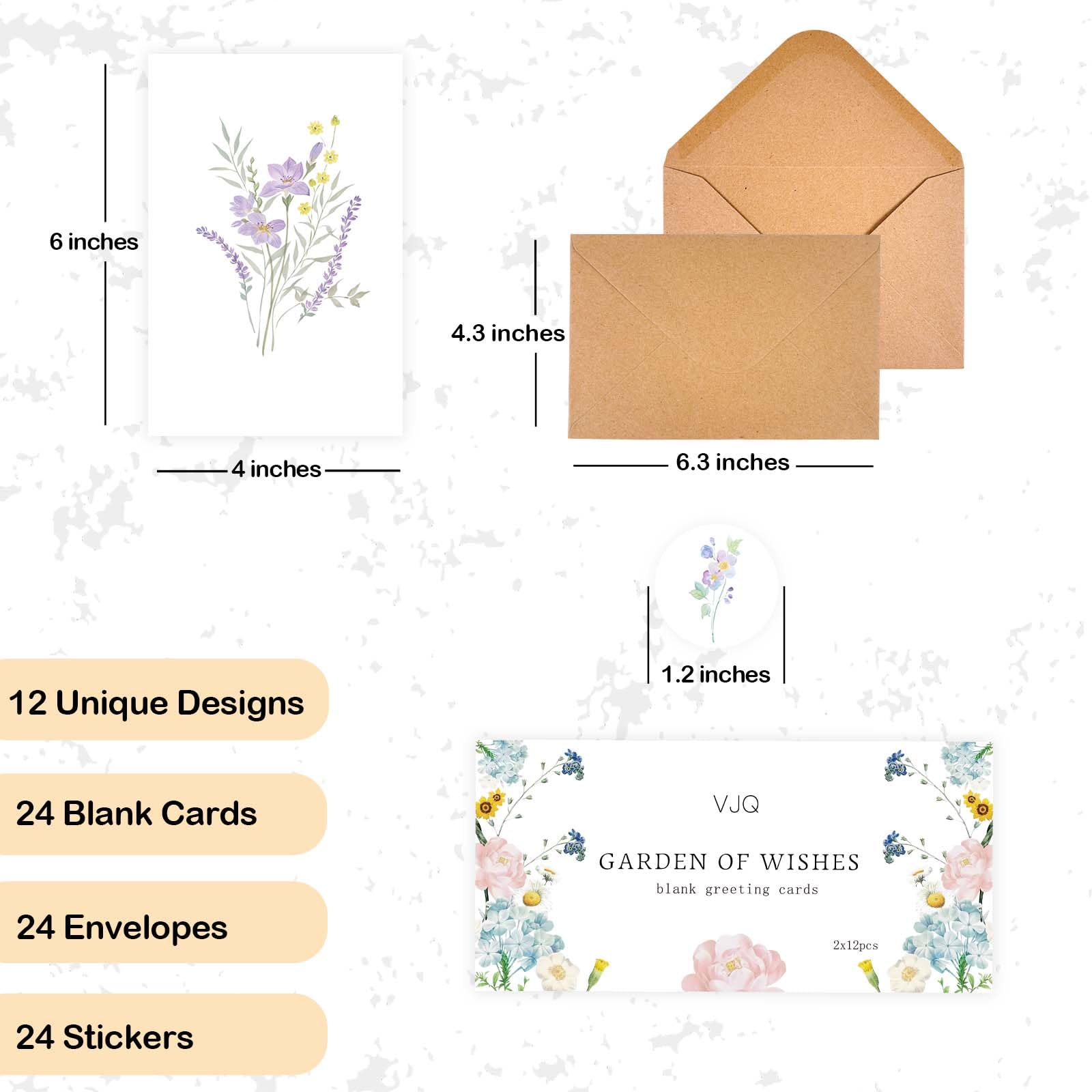 VJQ Blank cards, 24 Pack Blank Greeting Cards, Watercolor Blank Note Cards, Blank Cards 4x6 for all Occasions, 12 Design Stationary Set