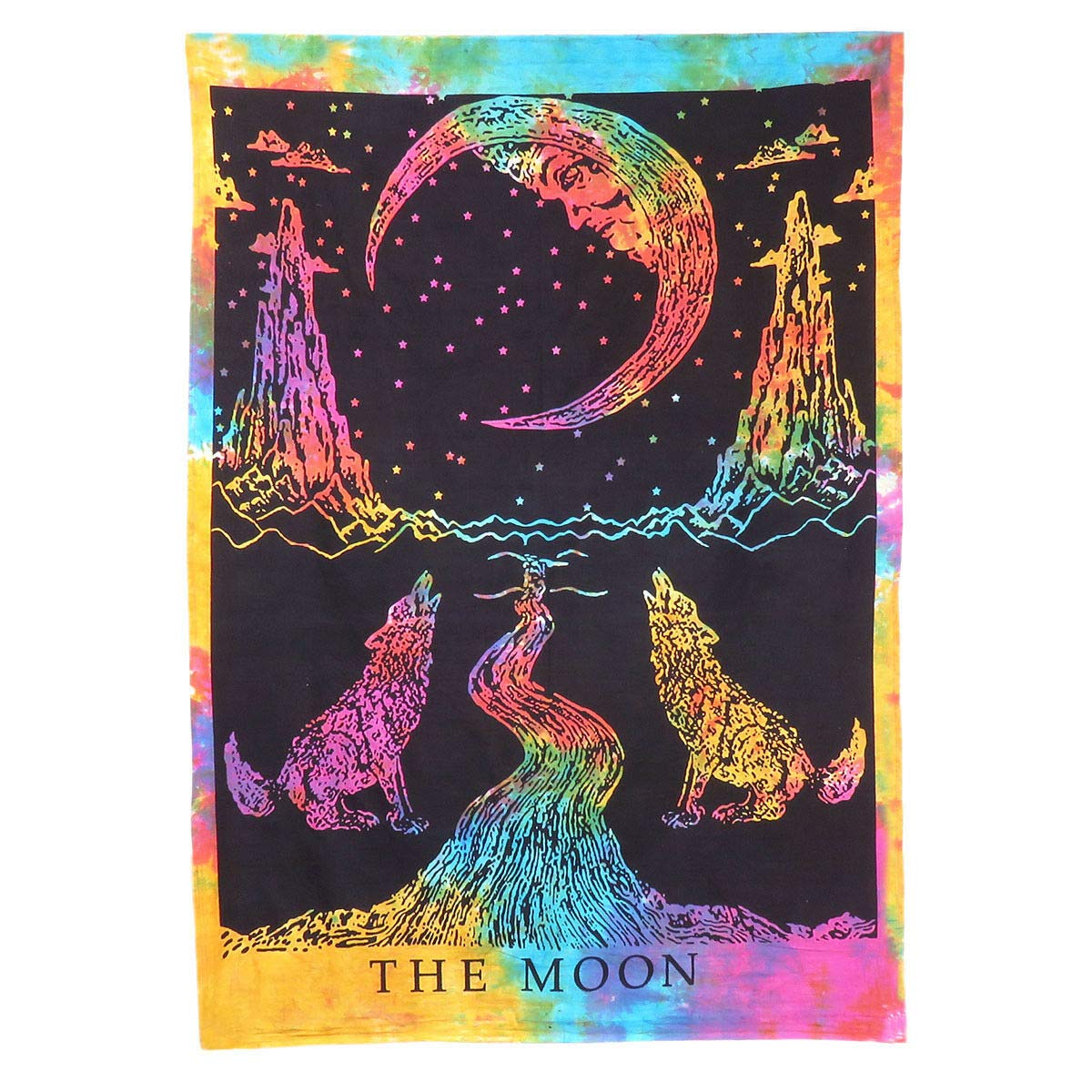 AVA Collections Tapestry Multicoloured Wall Hanging Psychedelic Tapestries Indian Cotton Poster Picnic Sheet Wall Decor Blanket Wall Art Hippie Bedroom Décor (Multicolour, Crying Wolf and Moon)