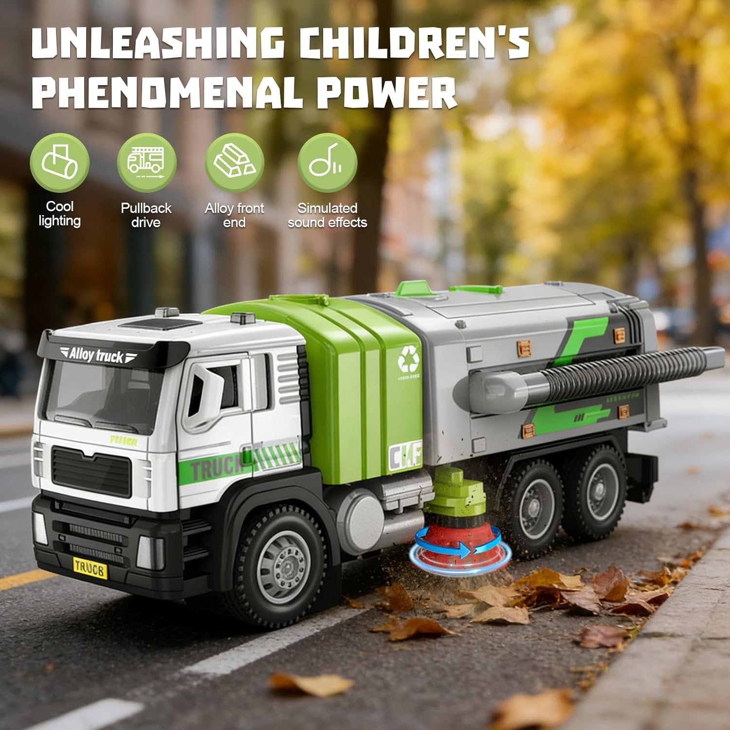 1:50 Die-Cast Garbage Truck Toys,Street Sweeper Toy, Open-able Doors Rechargeable, Real Vacuum & Sweep Function, Lights Sounds, Sanitation Truck Toy for Kids 3-9
