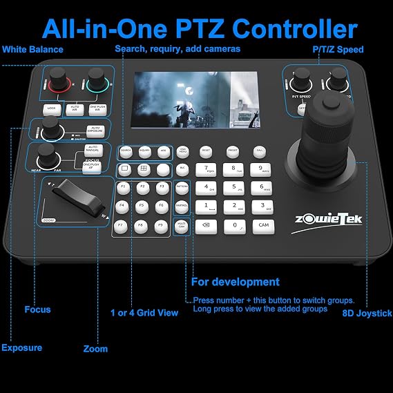 Zowietek ZowieKBD NDI PTZ Controller 5'' LCD Quad-Screen Automatic Camera Detection + ZowiePTZ PTZ Camera 18X Optical Zoom HDMI, USB Output , Live Streaming(2PCS)