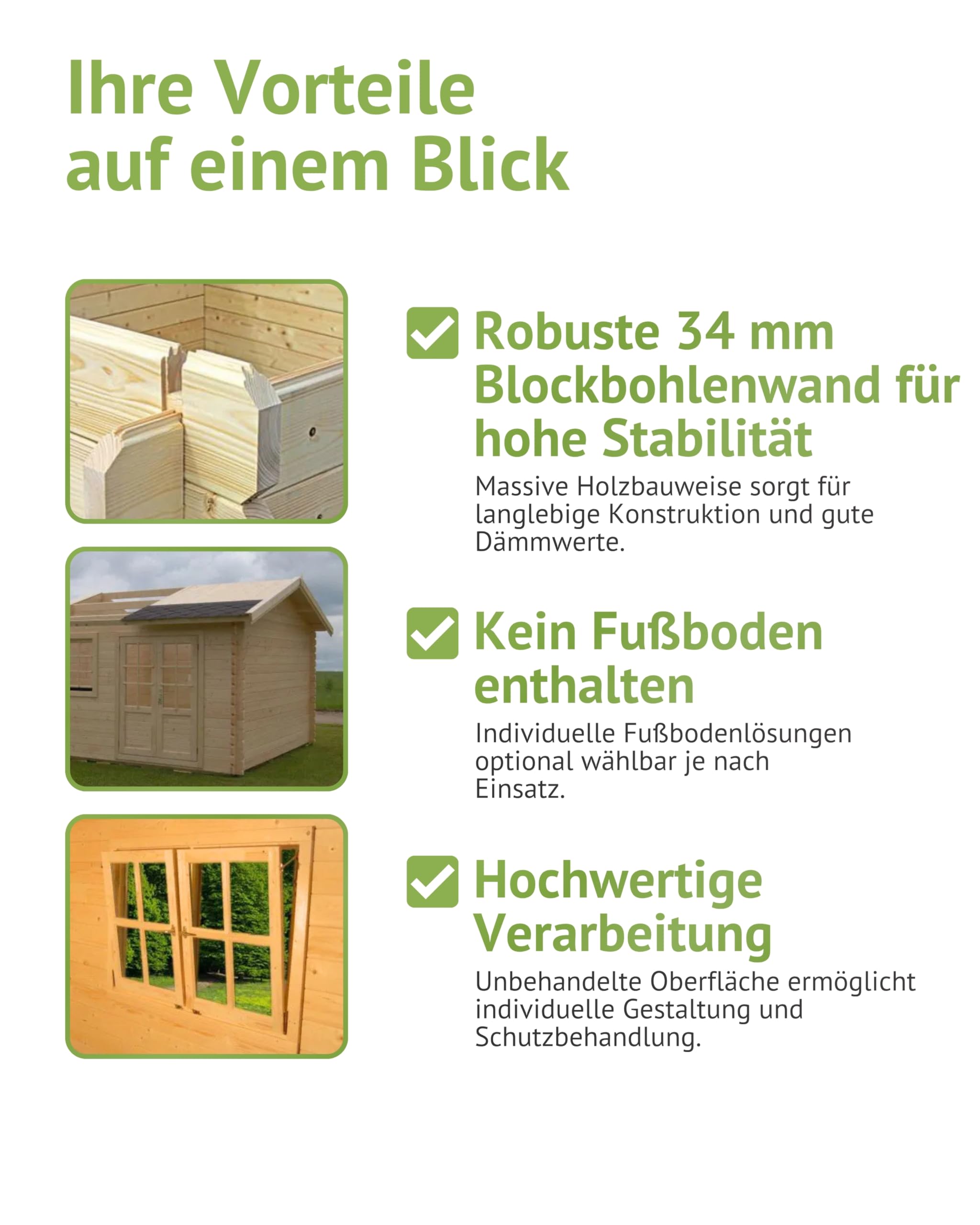 Gartenhaus PR9 - 34 mm Blockbohlenhaus, Grundfläche: 10,40 m², Satteldach